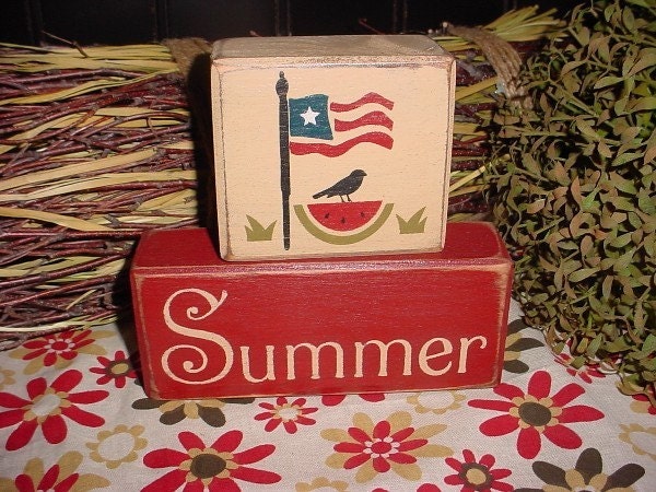 Summer Flag Watermelon Bird Crow Holiday Seasonal Wood Sign Shelf Blocks Primitive Country Rustic Home Decor Gift