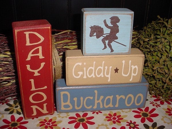 Horsie Giddy-Up Buckaroo COWBOYS Cowgirls Wood Sign Blocks Primitive Country Rustic Boys Kids Decor