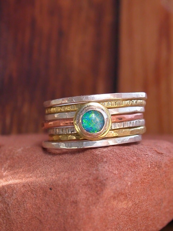 Hammered Stack Rings With Opal