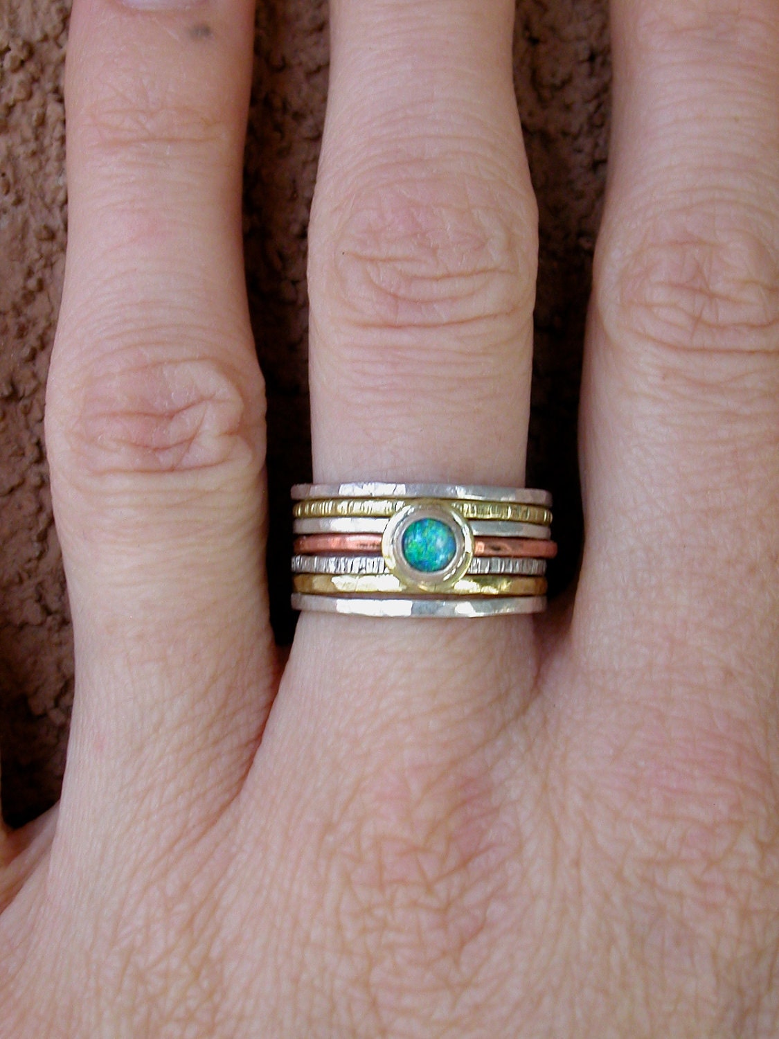 Hammered Stack Rings With Opal