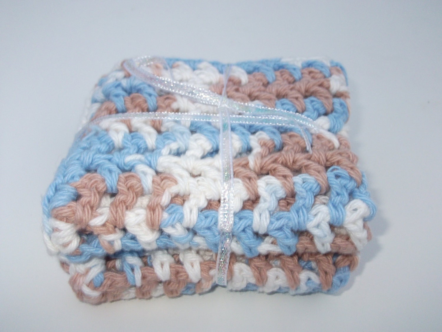 Set of 2 Crochet Cotton Wash Cloths in Blue, White and Dusty Rose - 8 x 8 inches