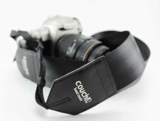 Black Recycled Seatbelt Camera Strap- vegan, upcycled, hand made in USA
