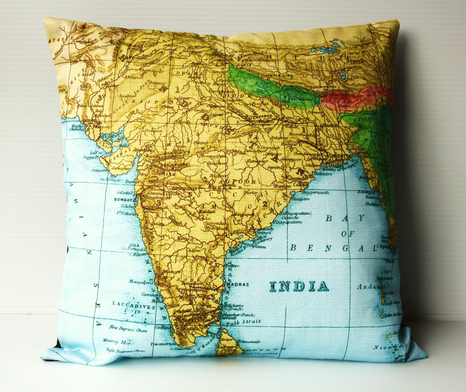 Pillow cushion  cover INDIA and NEPAL map cushion, organic cotton, 16 inch, 41cm, vintage map, atlas, pillow , cushion cover,