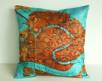 Decorative pillow, map pillow, map cushion, throw cushion VENICE Organic cotton vintage map of Venice, pillow , cushion cover, 16 inch 41cms