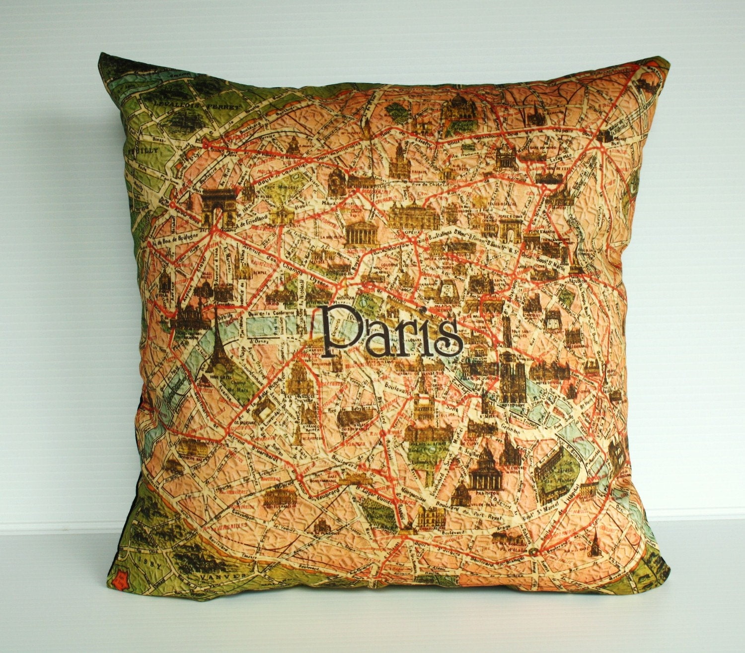Pillow cover cushion cover PARIS Organic cotton Vintage Paris map cushion, 16 inch pillow, 40cm pillow