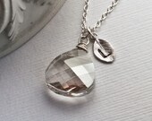 Crystal Briolette Necklace, Custom initial Leaf necklace, Sterling Silver Chain.Wedding Jewelry. Bridesmaids Gift