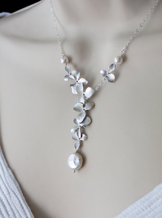 Bridal Jewelry. Flower Necklace.Silver  Orchid Flower and Freshwater Pearl Silver Necklace, STERLING SILVER. Bridal Party, Bridesmaids Gift