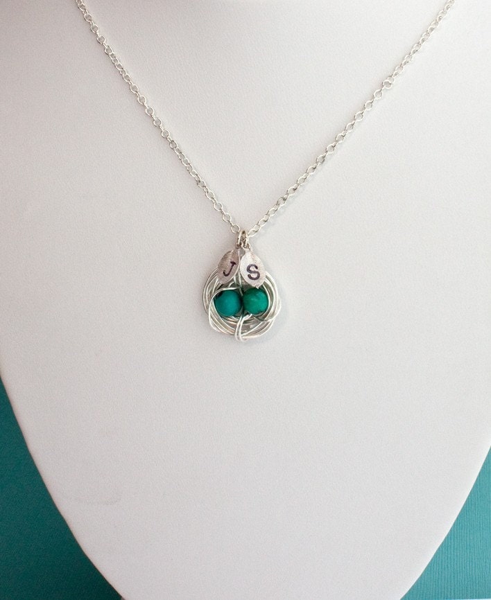 Personalized Jewelry Turquoise Nest Silver Necklace, 2 Initials and Two Eggs, Perfect Gift for Mom