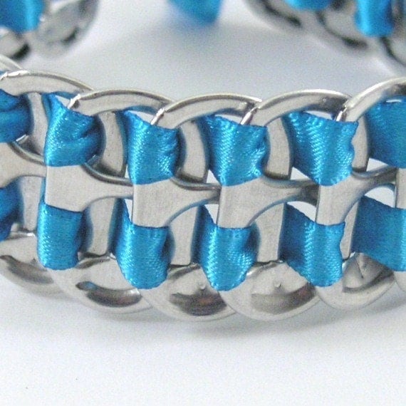 soda tab bracelet - blue, stacked weave,  7  inch