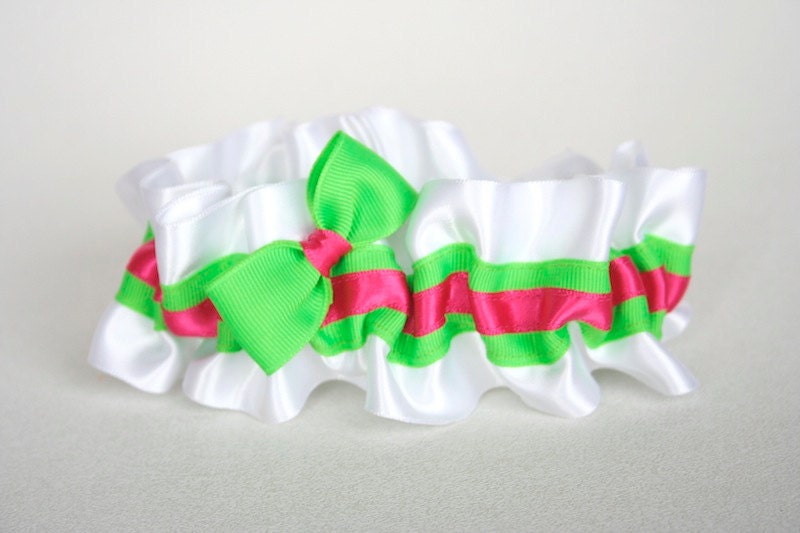 Wedding Garter - White, Green, Hot Pink Neon Bridal Garter - Sample Sale