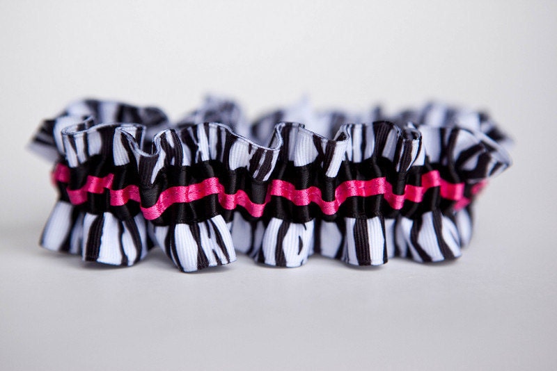 Wedding Garter Set - Black and White Zebra Print and Hot Pink Bridal Garter Set - Style 255