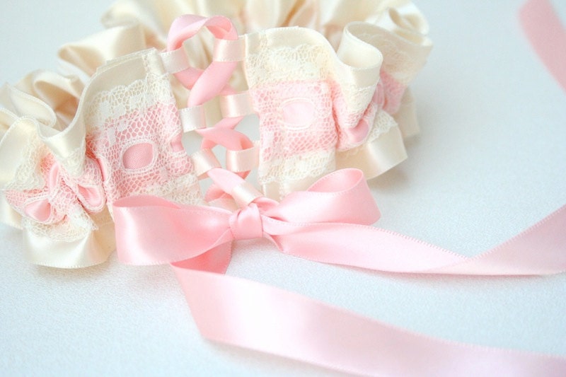 Wedding Garter Set - Pink and Ivory Vintage Lace Bridal Garter Set - Sample Sale
