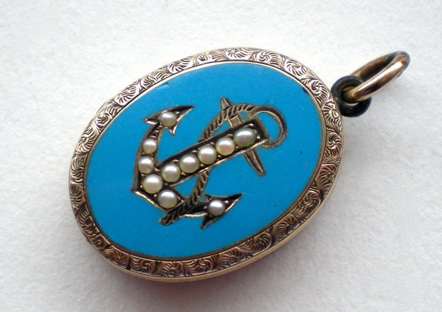 Antique Victorian Mourning Locket Seed Pearl Blue Enamel Anchor