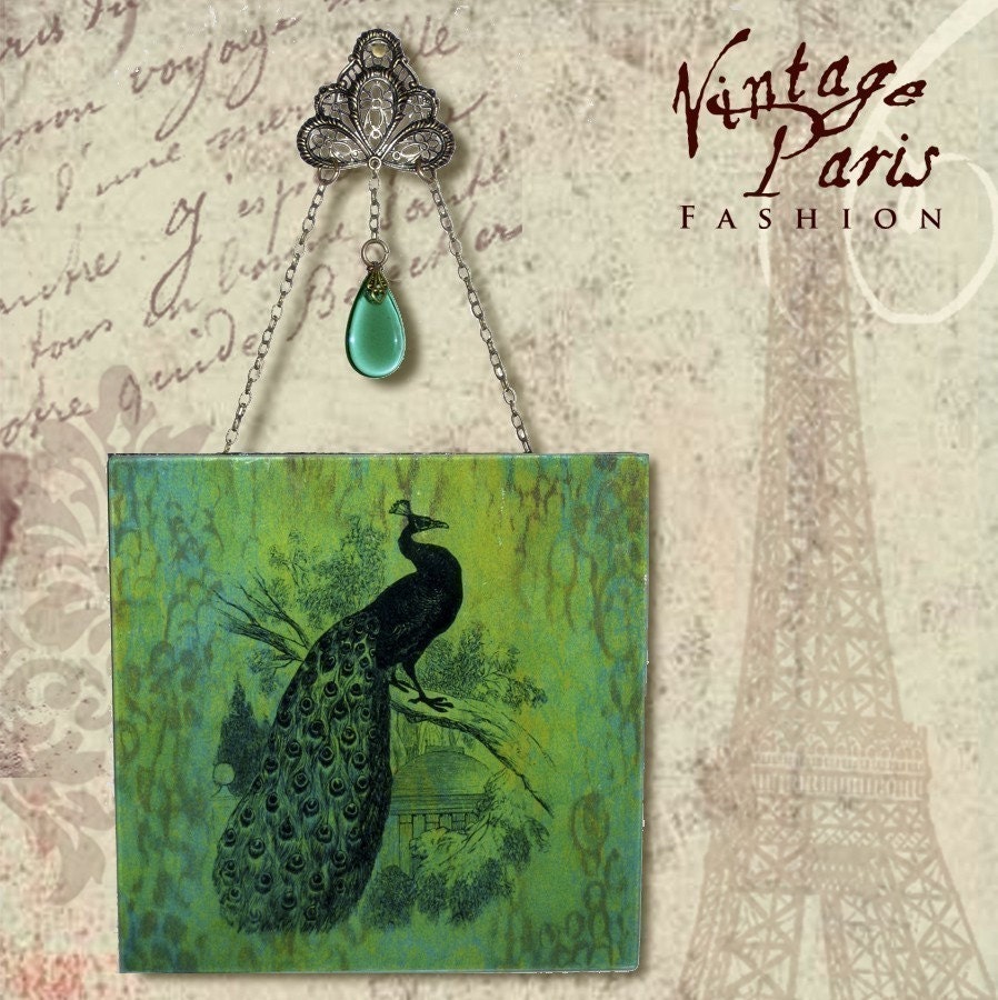 Peacock Wall Hanging - Vintage Paris Fashion - Glass Wall Pendant - Peacock No. 1