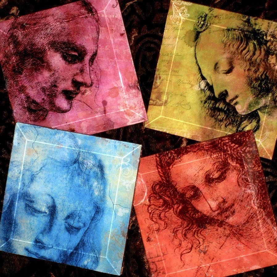 Da Vinci Coasters - Art Masters Sketchbook Series- Handmade Decoupage Glass Coasters- The Da Vinci Ladies