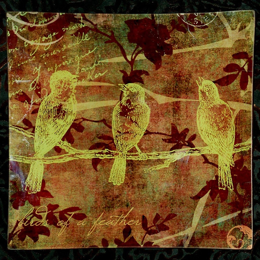 Vintage Paris Fashion -Handmade 9" Decoupage Glass Plate- Lemongrass Birds of a Feather