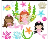 cute mermaid clipart digital clip art girls - Lil Pretty n Pink Mermaid Princesses - Digital Clip Art - Personal Commercial Use