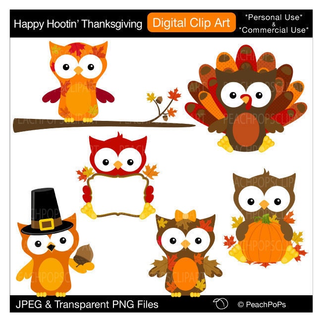 owl clip art clipart cute owls holiday fall autumn - Happy Hootin Thanksgiving - Digital Clip Art - Personal Commercial Use
