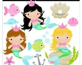 cute mermaid clip art digital clipart girls fish ocean pink - Lil Mermaid Princesses - Digital Clip Art - Personal Commercial Use