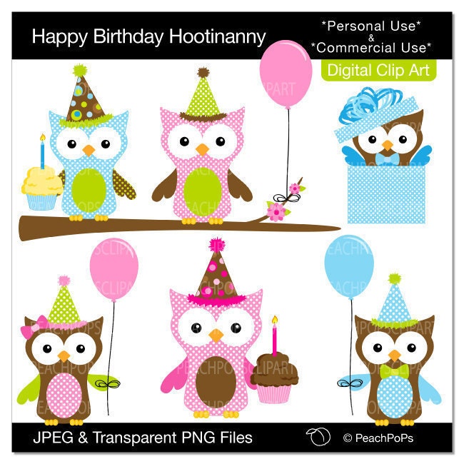 cute owl clip art digital clipart birds animal chic - Happy Birthday Hootinanny - Owls - Digital Clip Art - Personal Commercial Use