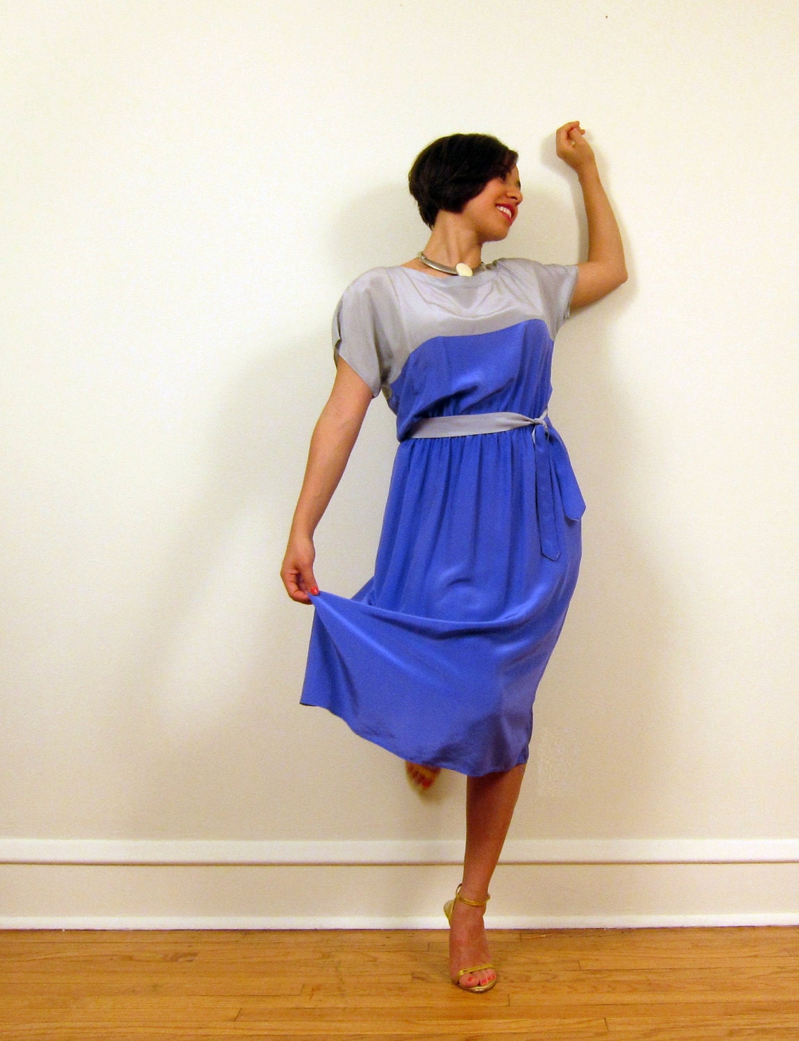Vintage Color Block Silk Dress in Blue and Grey w/Matching Sash Belt, Large