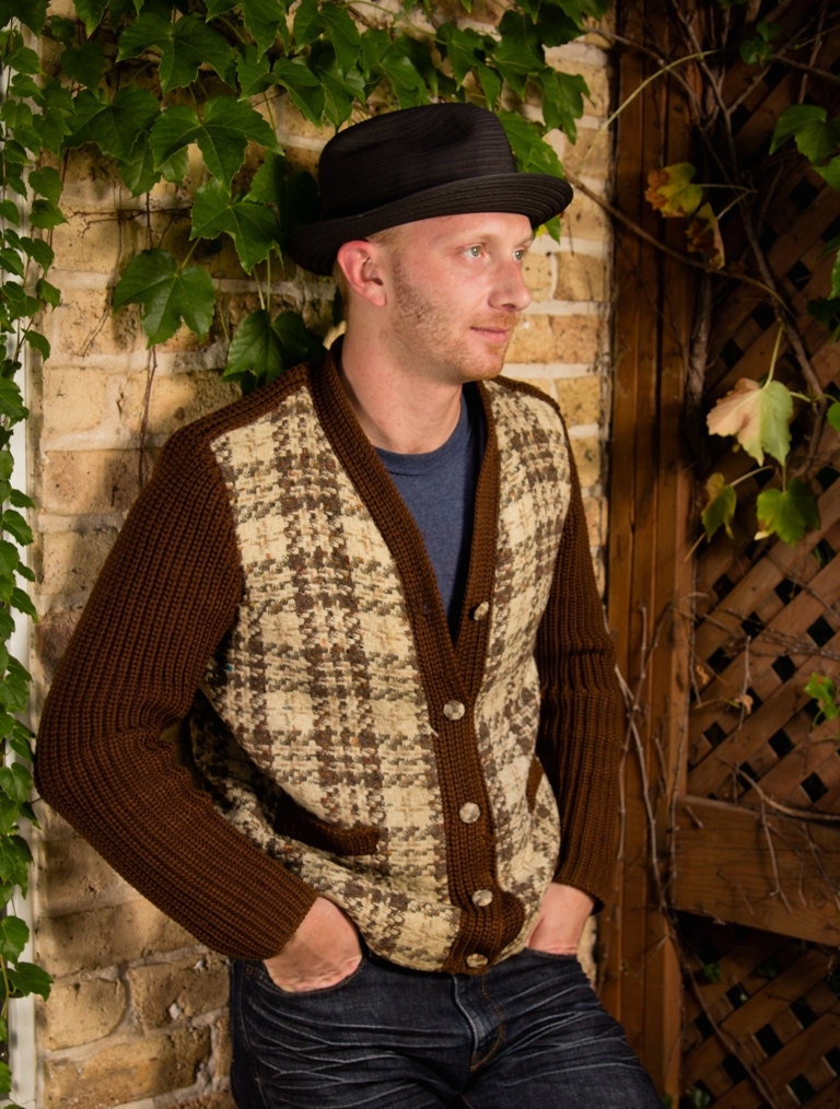 Vintage Cardigan in Brown Wool & Ivory Plaid, Unisex