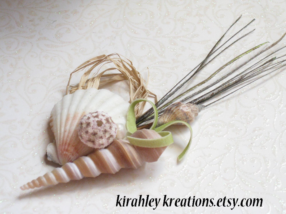 KELVANN -- Nautical Shell, Sea Urchin and Freshwater Pearl Grooms Boutonniere for Your Beach Wedding - KirahleyKreations