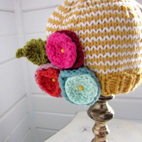 Knit Cotton Baby Girl Hat with flowers for spring and summer, by sweet baby dolly on Etsy