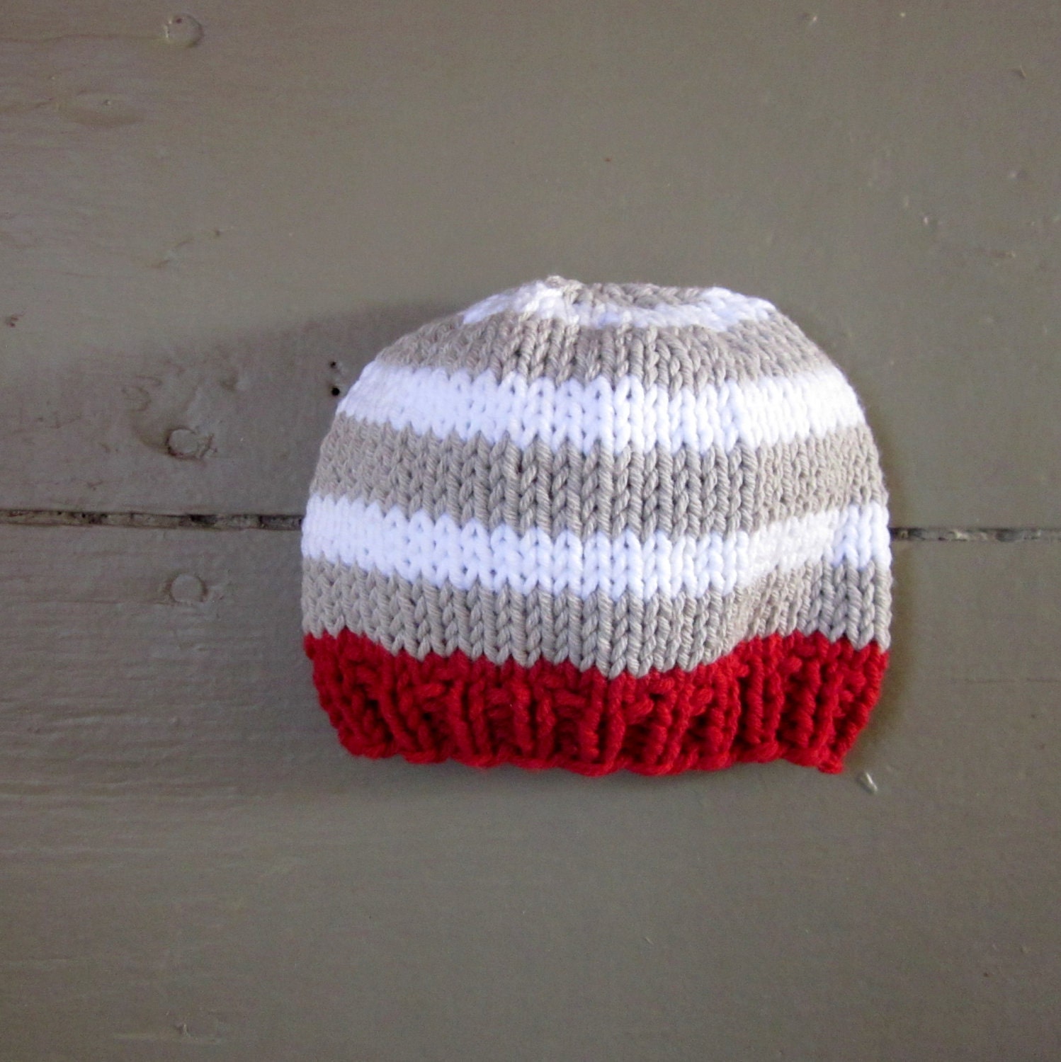 Knit Baby Boy Hat, cotton, striped light gray and white with red band, Little Man Little Beanie by sweet baby dolly on Etsy