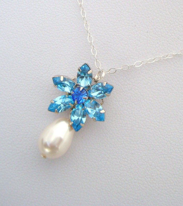 Bridal Pearl Necklace,Something Blue,Swarovski Crystal,Pearl,Bridal Necklace,White or Ivory Pearl,Pearl Necklace,Wedding Pearl Necklace,ANNA