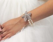 Bridal Bracelet, Bridal Pearl Bracelet, Swarovski Pearls, Starfish Bridal Bracelet, Beach Wedding, Bridal Rhinestone Bracelet, Pearl,ARIELLE