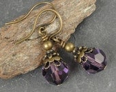 Purple Earrings Vintage Style Antique Brass Beaded Jewelry Amethyst Purple Swarovski Crystal Delicate Elegant