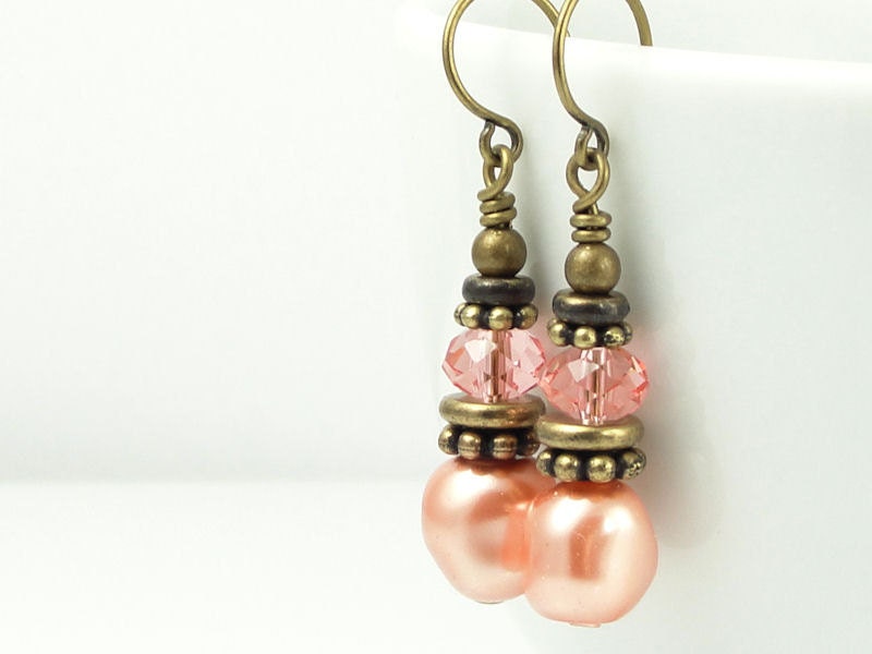 Rose Peach Beaded Earrings Pearl Earrings Antique Brass Vintage Style Jewelry Swarovski Jewelry Romantic Shabby Chic French Parisian