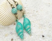 Seashell Earrings Vintage Inspired Verdigris Beach Sea Shell Jewelry Antique Brass Aqua Light Blue Green Ocean Jewelry