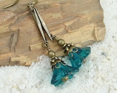 Glass Flower Earrings Dangle Earrings Teal Jewelry Beaded Earrings Antique Brass Dark Brass Earrings Vintage Inspired Jewelry Blue Green