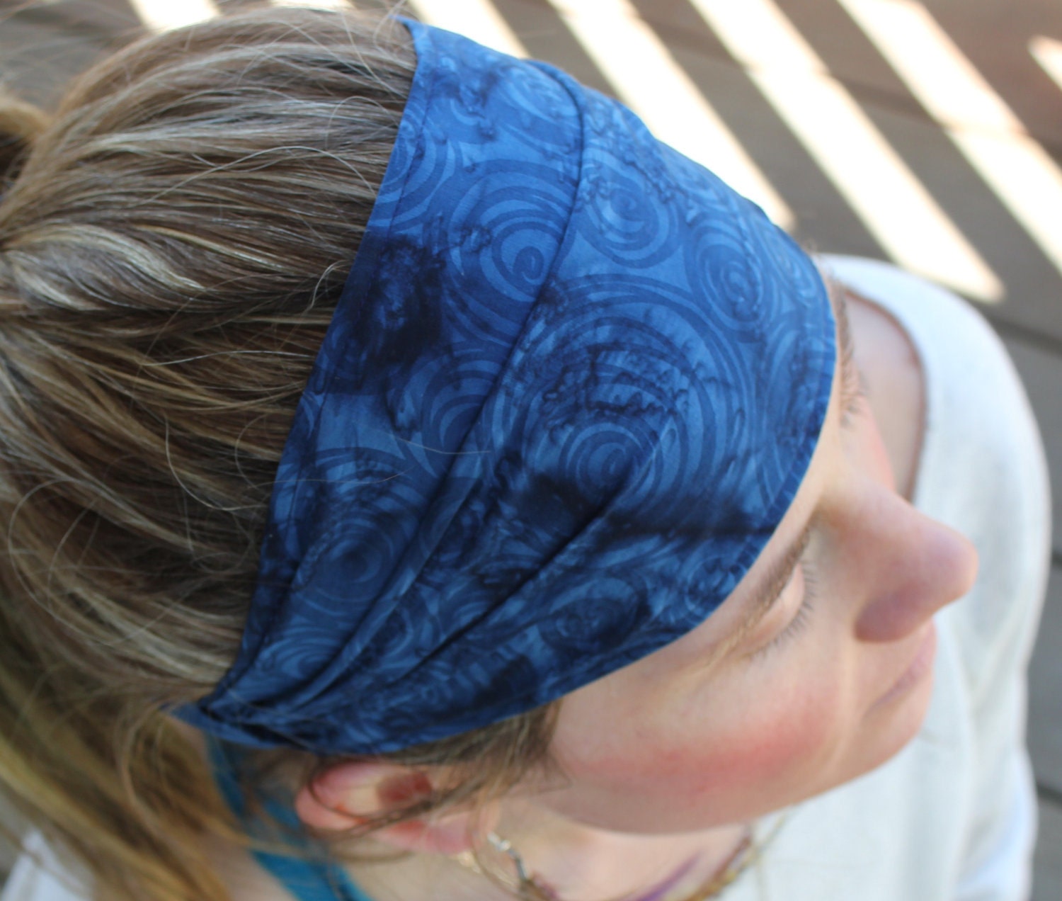 Narrow Blue Vortex Batik Gypsy Wrap, size M or L - pre tied headband, yoga bandana, dreadlock wrap
