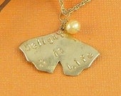 DELIGHT IN LIFE - Fine & Argentium Sterling Silver Inspirational Necklace Hand Stamped Metal Clay Gingko Leaf with Pearl - Free Shipping