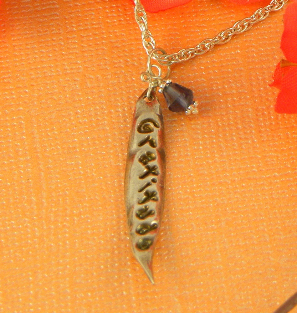 GRATITUDE - Fine & Argentium Sterling Silver Affirmation, Inspirational Necklace Hand Stamped Metal Clay Leaf with Iolite - Free Shipping
