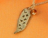 LAUGHTER - Fine & Argentium Sterling Silver Inspirational Necklace Hand Stamped Metal Clay Leaf with Mandarin Garnet - FREE SHIPPING