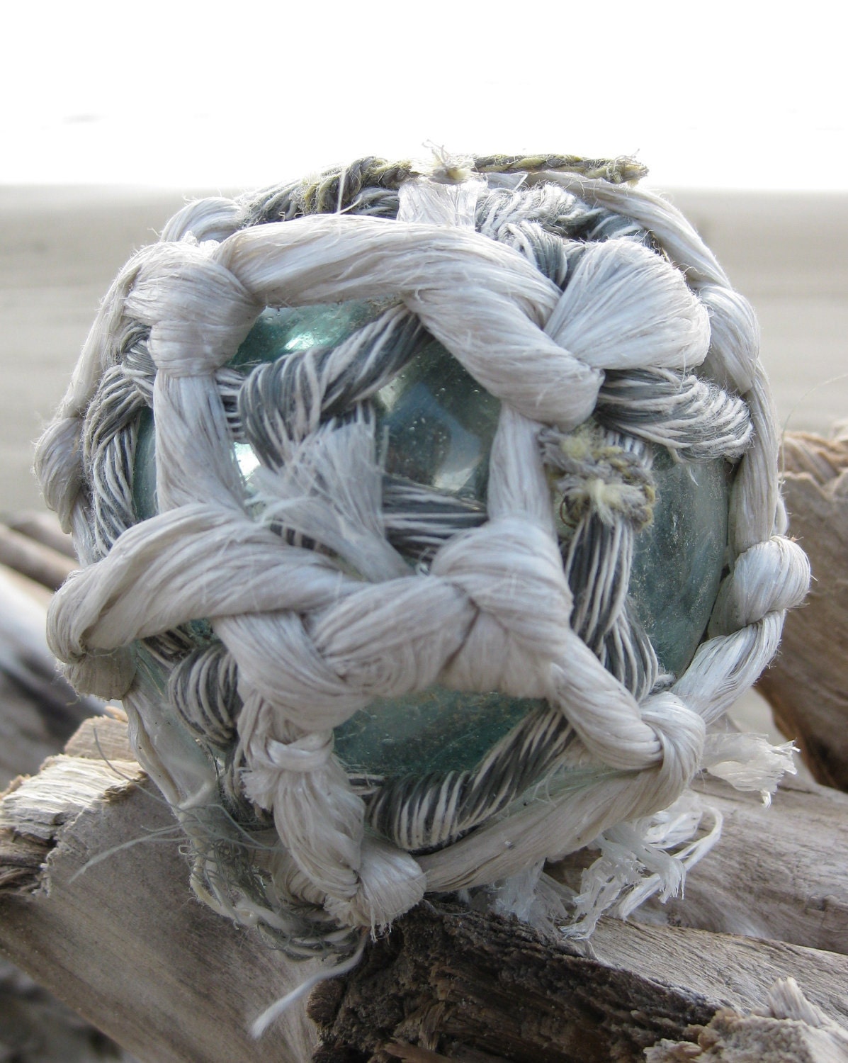 Japanese Glass Fishing Float - Original Double Net, Softball Size, Teal Blue