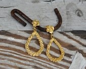 Vintage 1970's Dangle Clip Earrings/ 70s Hoop Earrings/ Golden Teardrops Earrings