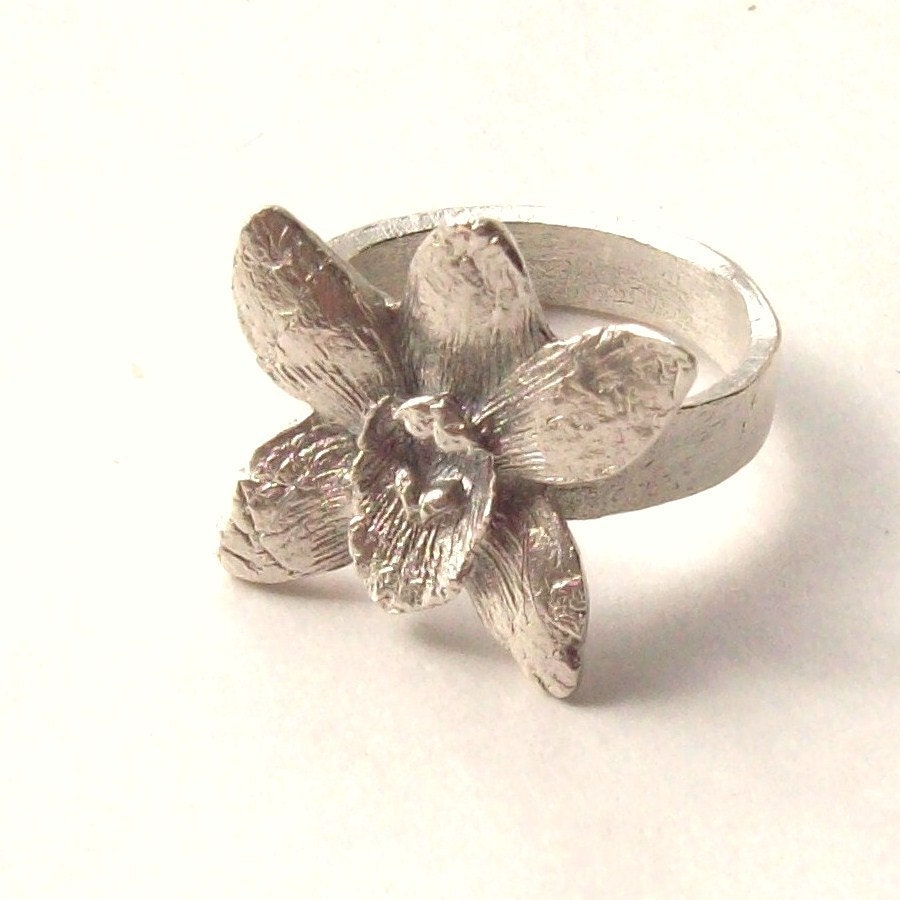 Fine Silver Orchid Flower Ring with petal detail
