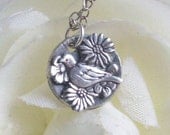 PMC Silver Jewelry, Bird Amongst the Daisies Silver Necklace