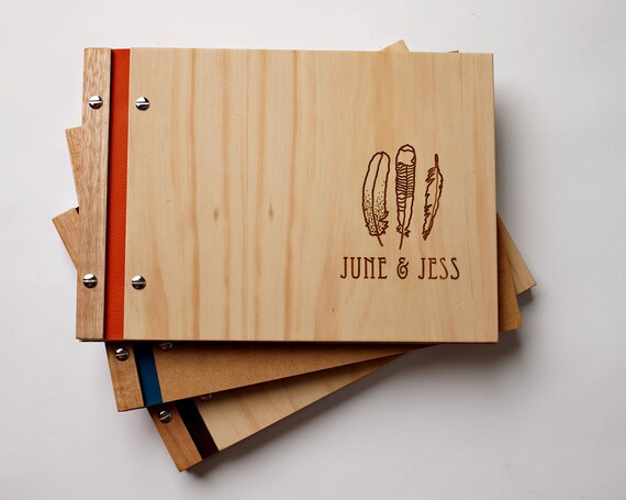 modern wedding guest book custom engraved wood engagement anniversary gift // feather tribal gay lesbian same sex wedding 30 pages