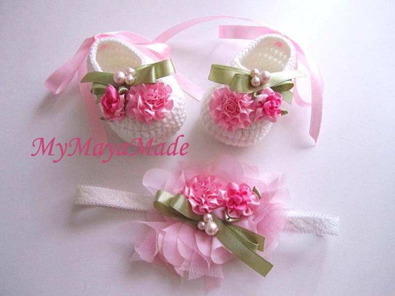 Pink Flowery Beaded Crochet Baby Booties and Headband Set - Size From 0-12mos