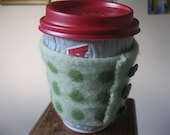 Cup cosy for take away paper coffee cups-Pale green with darker green spots