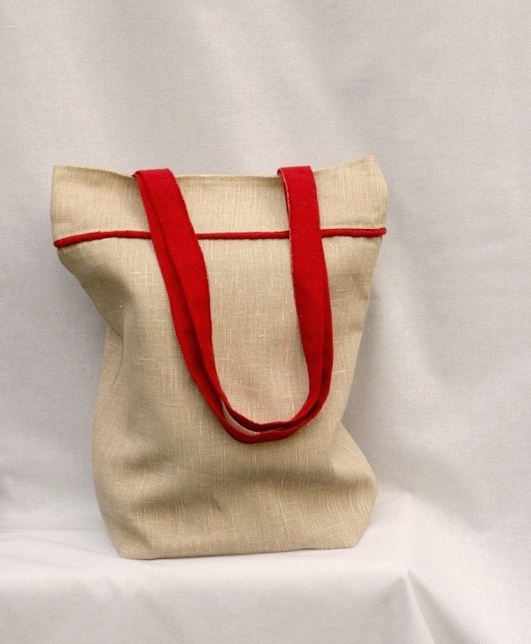 Tote bag, Organic Linen Canvas Red  Straps. Gift - Red Market Bag.