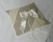 Rings Pillow Wedding Pillow Rustic Burlap Vintage Cotton Lace Double Bow 8" x 8"