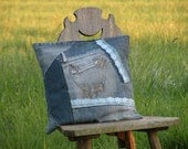 Jeans pillow with pocket and a bit of romantic lace. 16 x 16  Made from recycled jeans. Repurposed jeans.