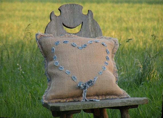 Pillow Full of Love with woven jeans heart 16 x 16 inch. Made from recycled jeans and jute. Made to order.